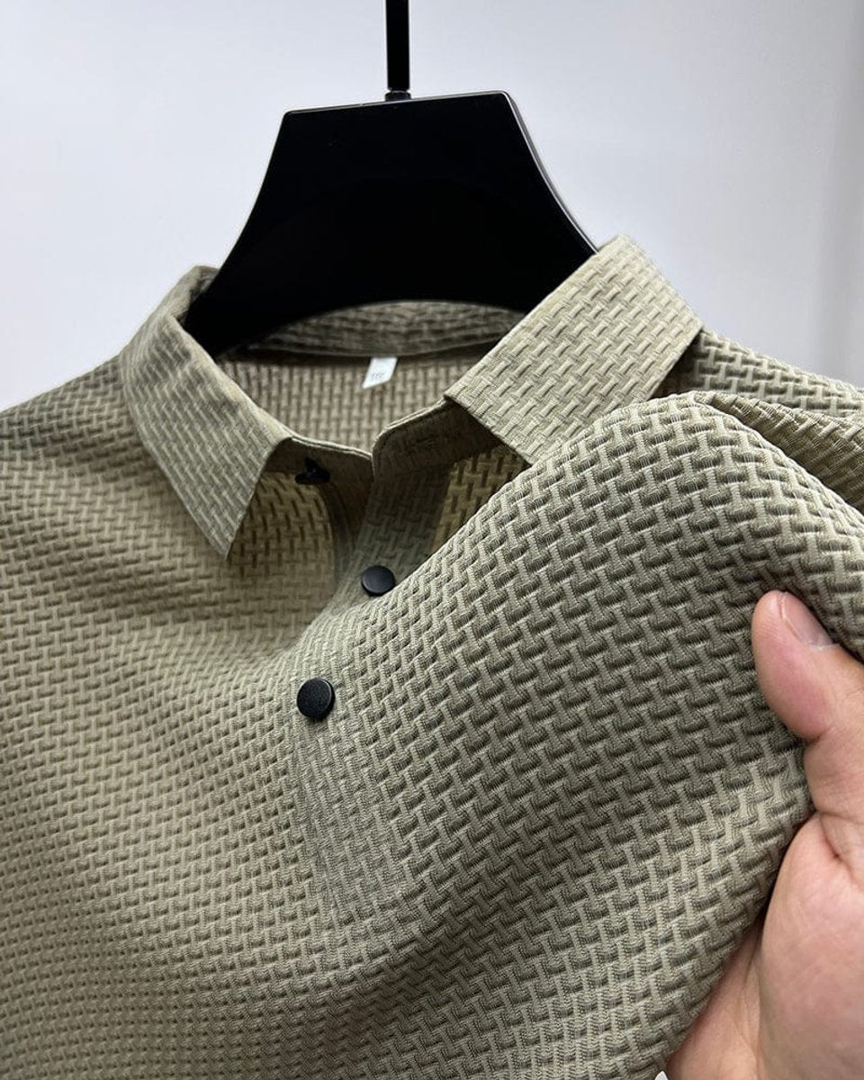 Men's Textured Mesh Button-Up Polo Shirt - Beige