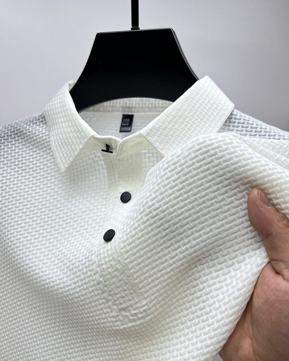 Men's Textured Mesh Button-Up Polo Shirt - White