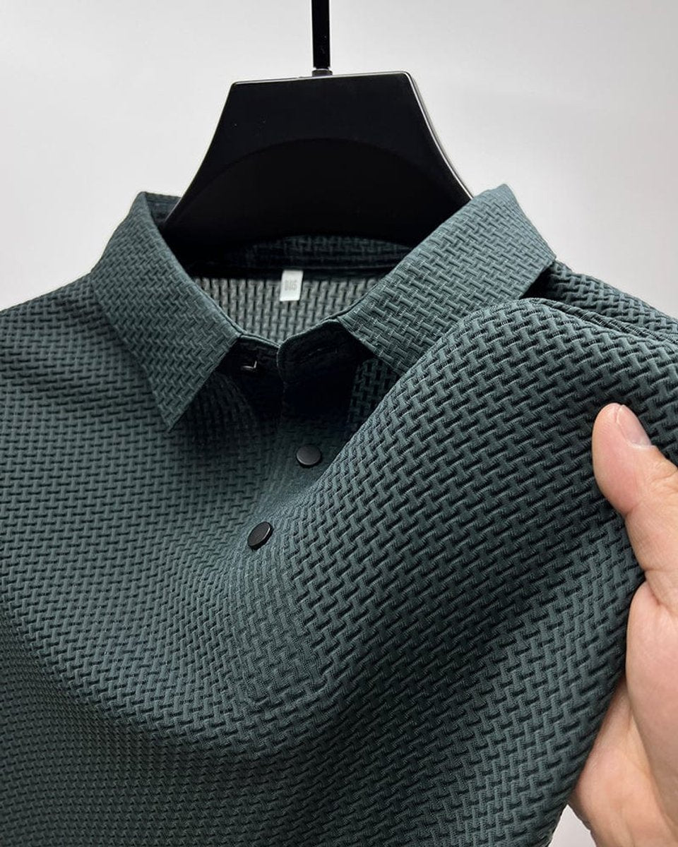 Men's Textured Mesh Button-Up Polo Shirt - Dark Green