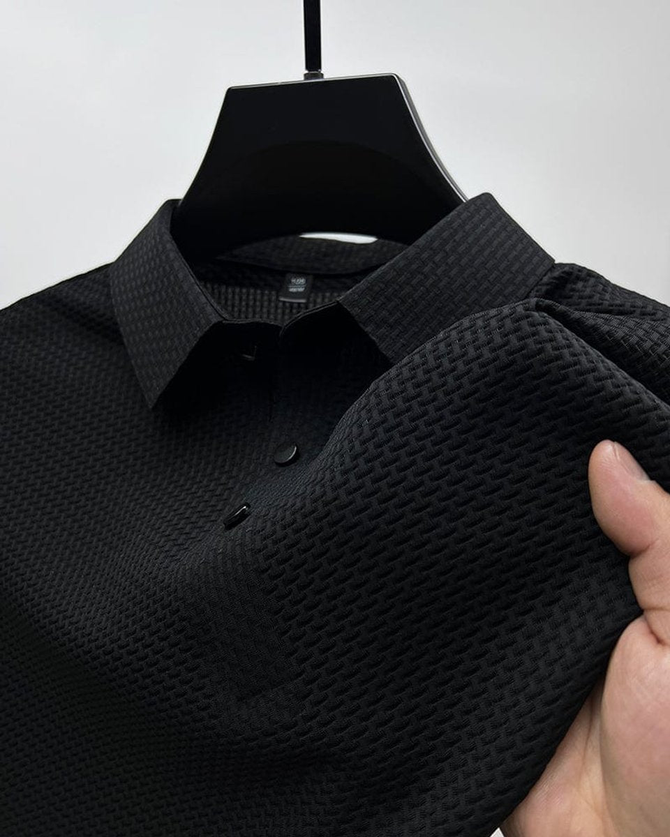 Men's Textured Mesh Button-Up Polo Shirt - Black