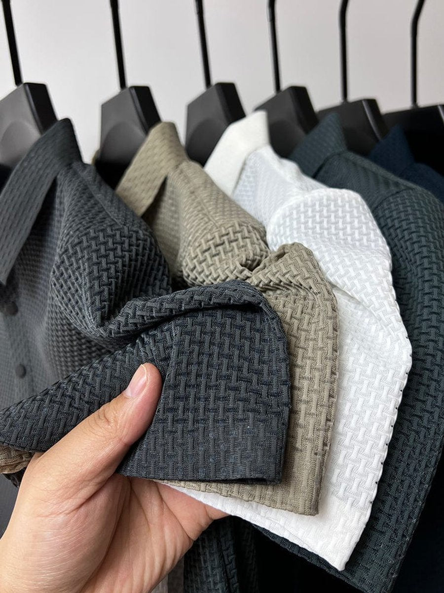 Men's Textured Mesh Button-Up Polo Shirt