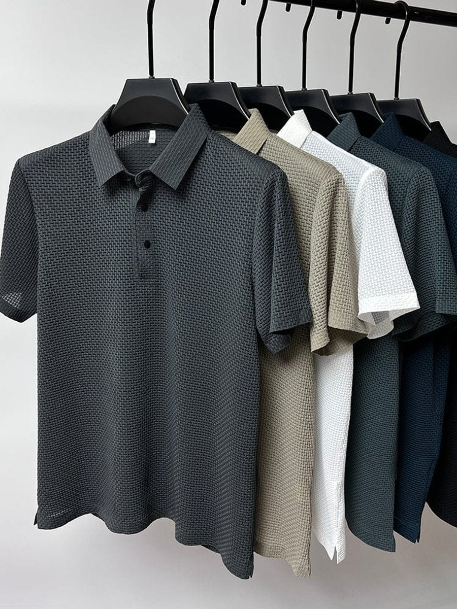 Men's Textured Mesh Button-Up Polo Shirt