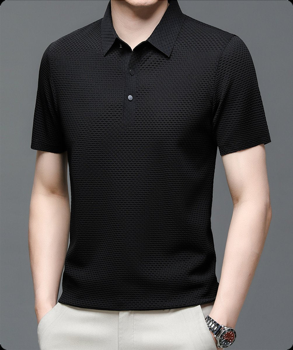 Men's Textured Mesh Button-Up Polo Shirt