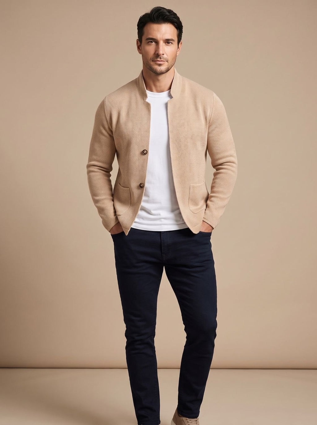 Men's Textured Knit Stand-Collar Button Cardigan with Patch Pockets