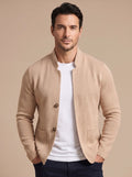 Men's Textured Knit Stand-Collar Button Cardigan with Patch Pockets - Beige