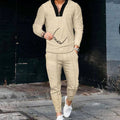 Men's Zip V-Neck Top and Jogger Two Piece Set - Khaki