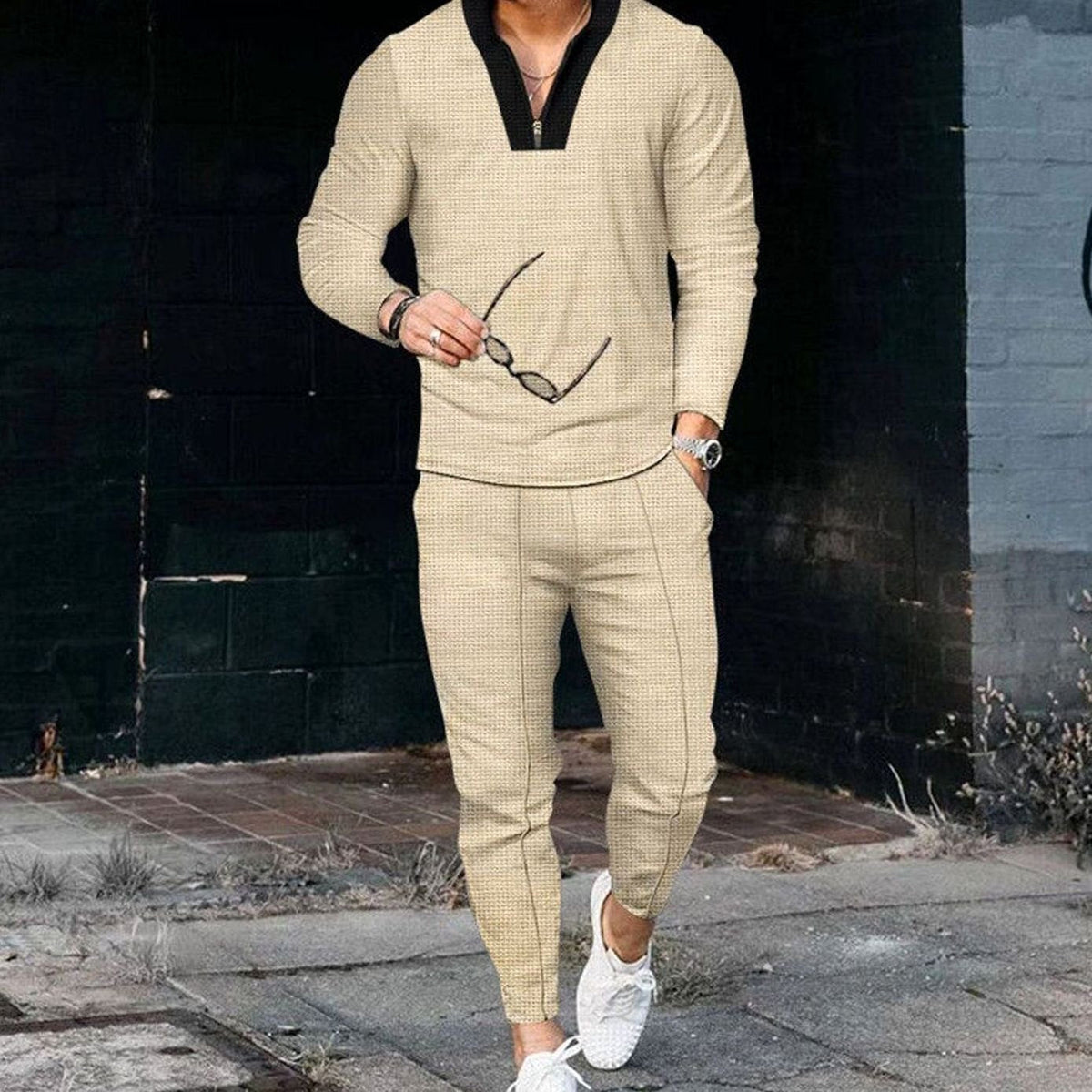 Men's Zip V-Neck Top and Jogger Two Piece Set - Khaki