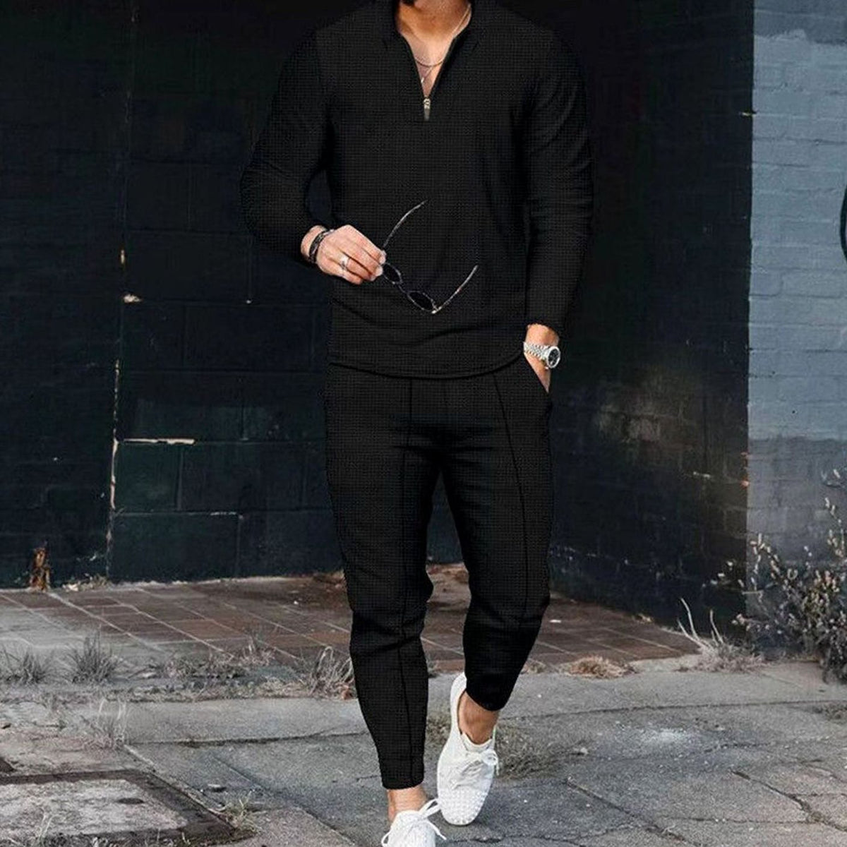 Men's Zip V-Neck Top and Jogger Two Piece Set - Black