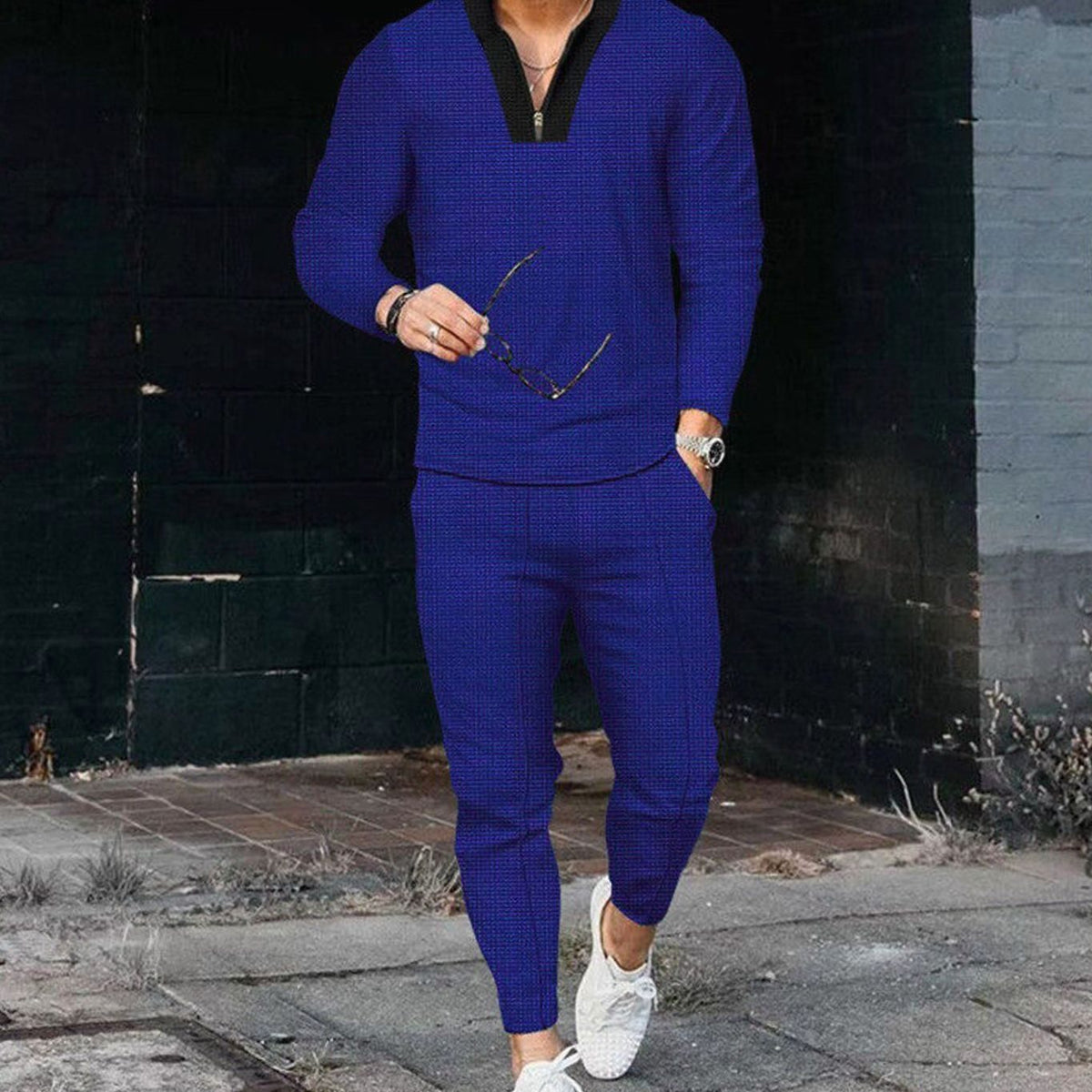 Men's Zip V-Neck Top and Jogger Two Piece Set - Blue