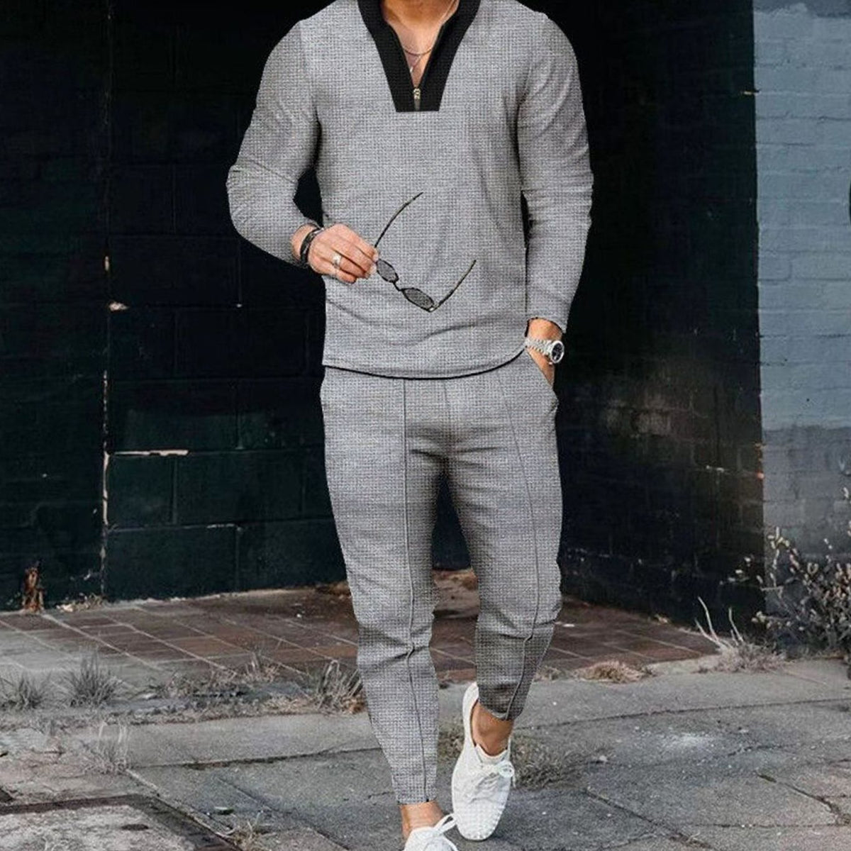Men's Zip V-Neck Top and Jogger Two Piece Set - Gray