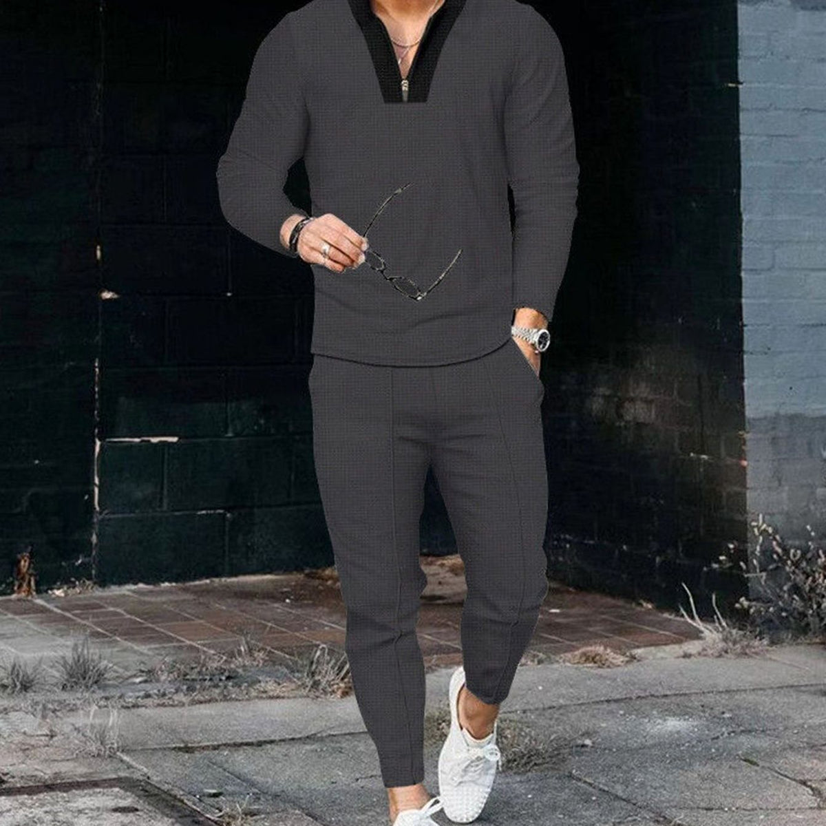 Men's Zip V-Neck Top and Jogger Two Piece Set - Dark Gray