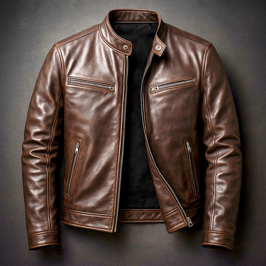 Men's Vintage Biker Leather Jacket Full-Zip Moto Style