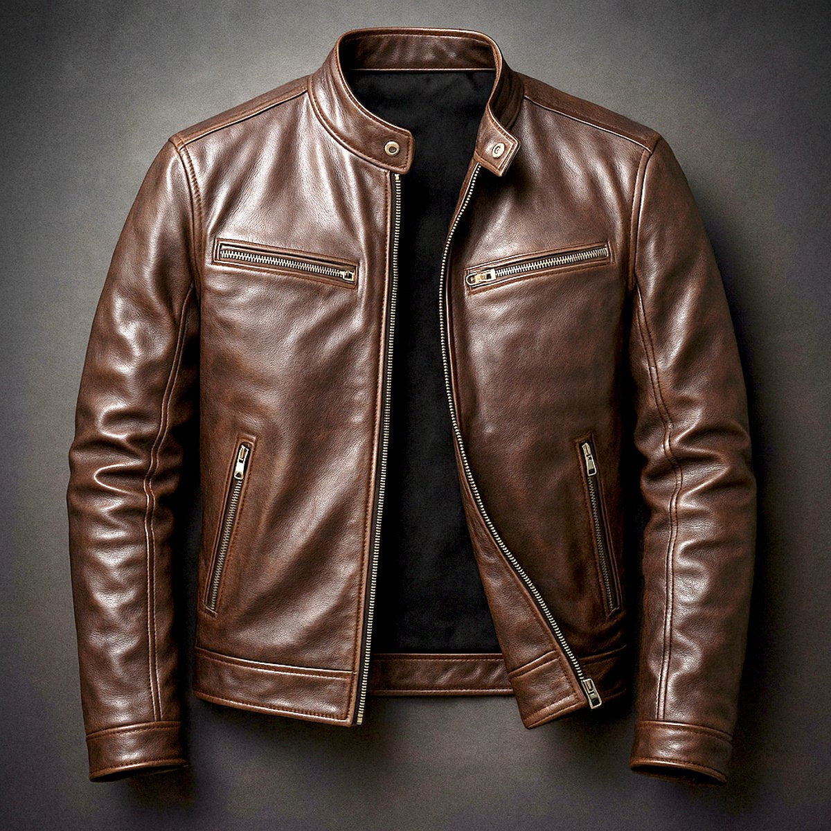Men's Vintage Biker Leather Jacket Full-Zip Moto Style