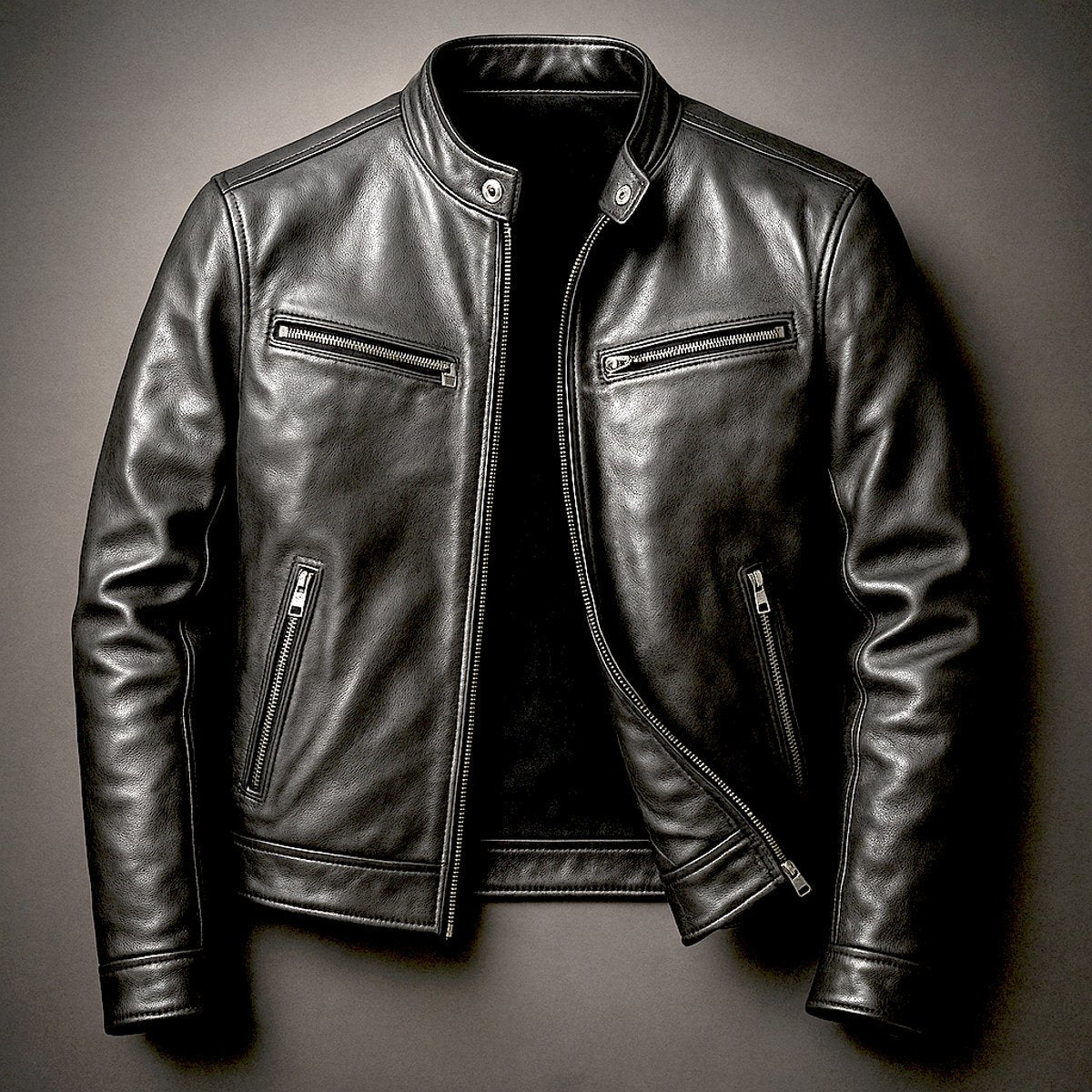 Men's Vintage Biker Leather Jacket Full-Zip Moto Style - Biker Black