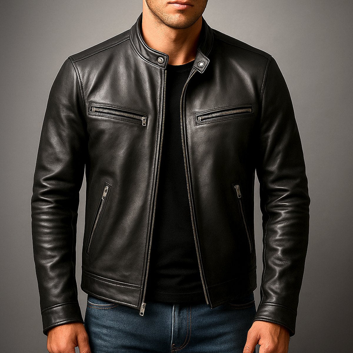 Men's Vintage Biker Leather Jacket Full-Zip Moto Style