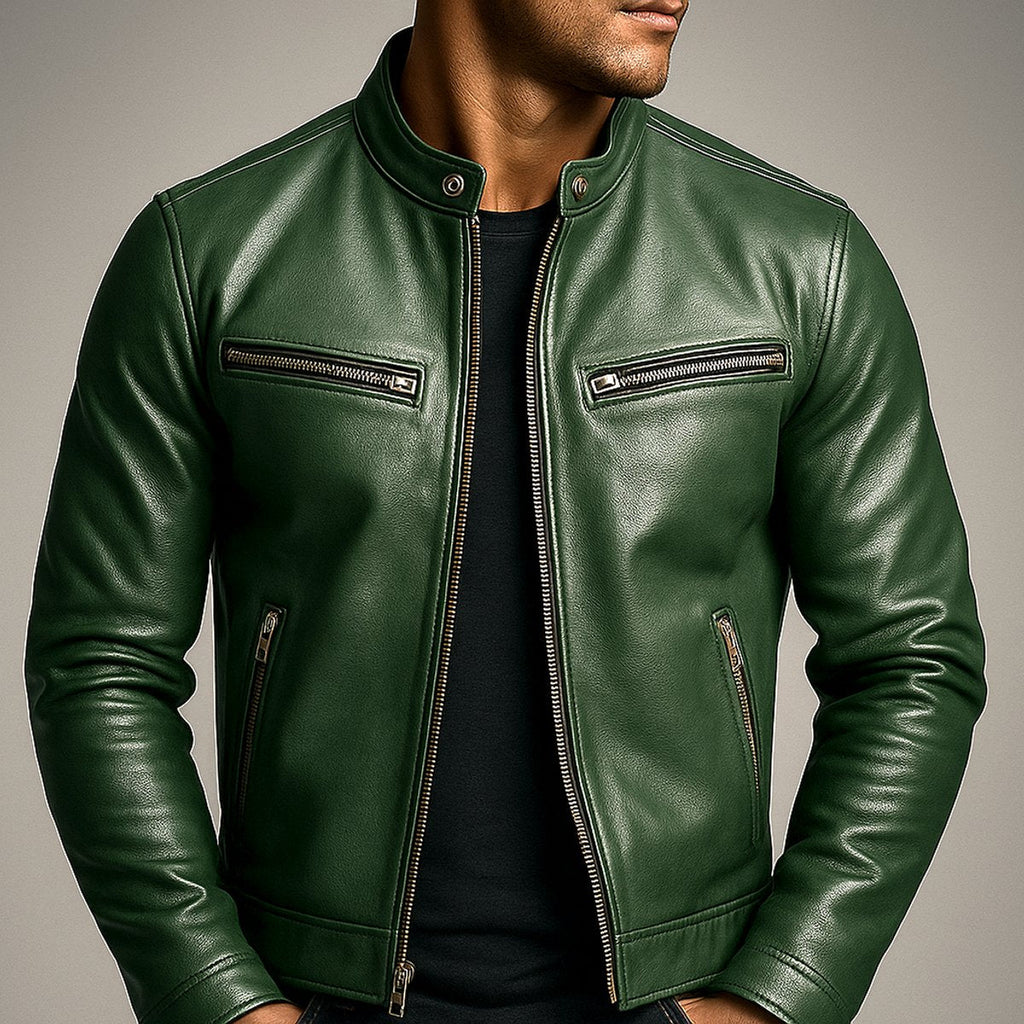 Men's Vintage Biker Leather Jacket Full-Zip Moto Style