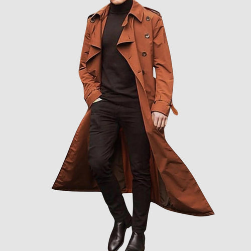 Men's Double-Breasted Full-Length Trench Coat - Orange