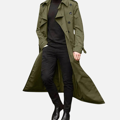 Men's Double-Breasted Full-Length Trench Coat - Green
