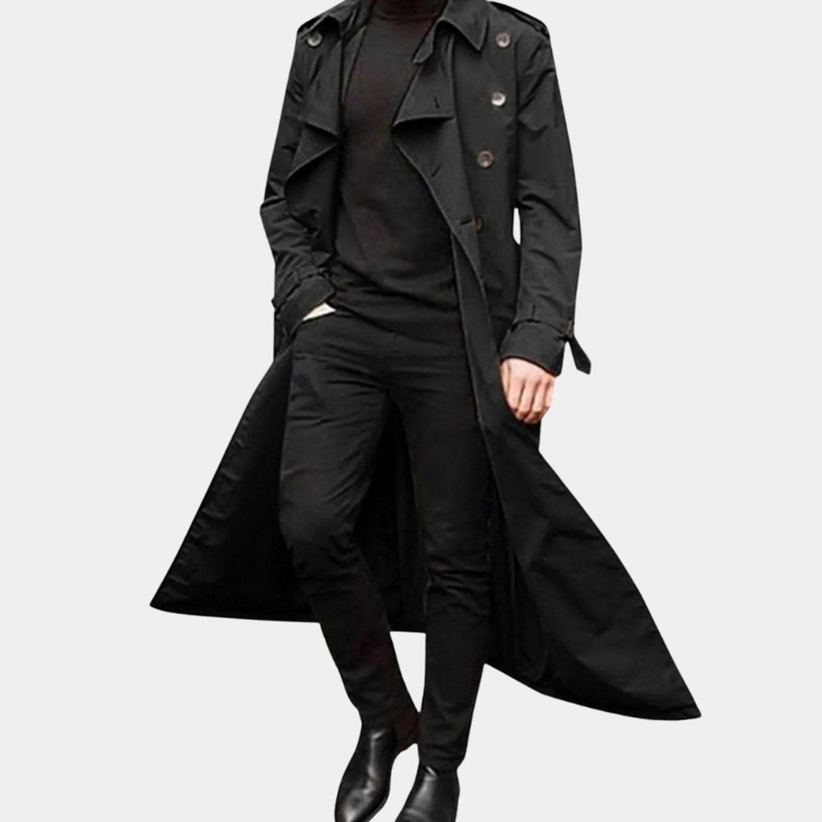 Men's Double-Breasted Full-Length Trench Coat - Black