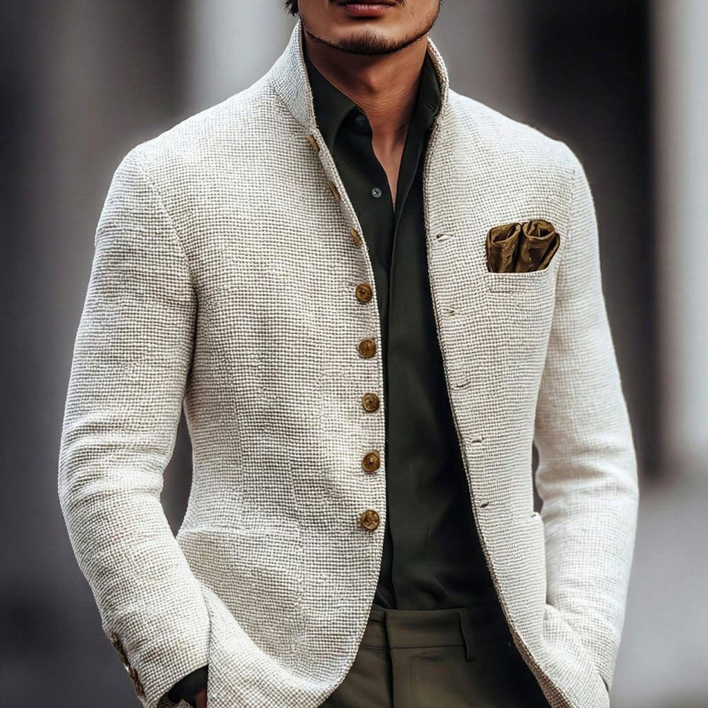 Men's Textured Stand Collar Single-Breasted Cardigan - White
