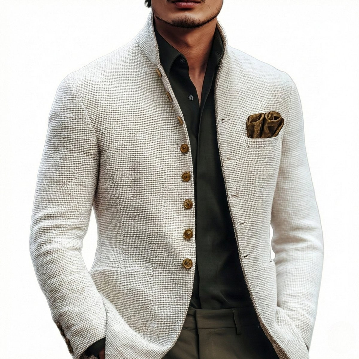 Men's Textured Stand Collar Single-Breasted Cardigan