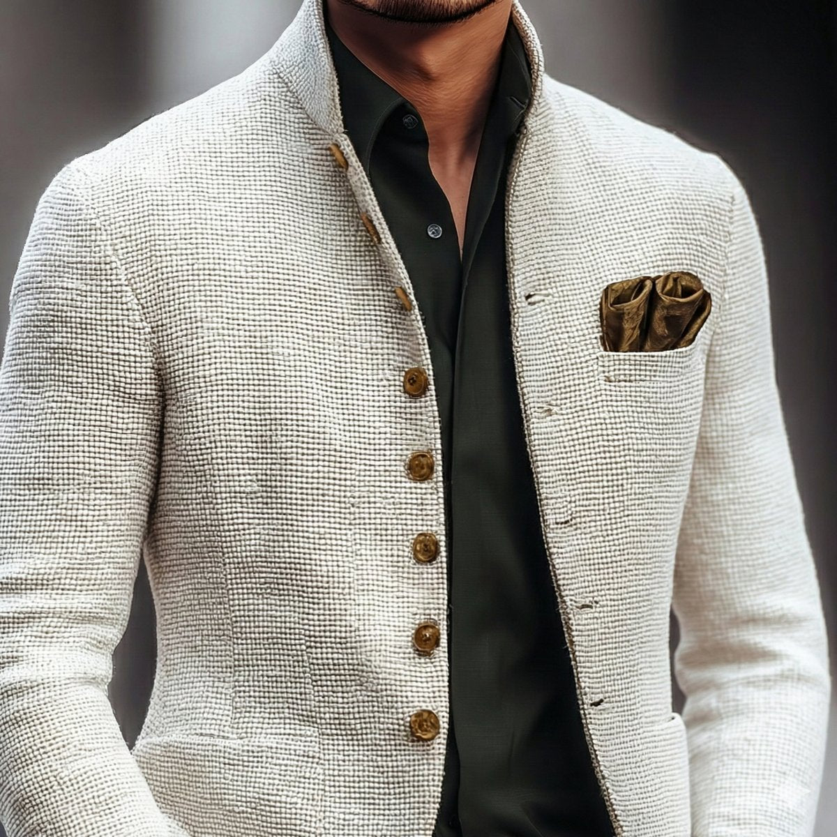 Men's Textured Stand Collar Single-Breasted Cardigan