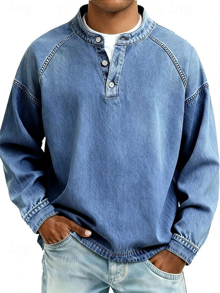 Men's Vintage Washed Henley Pullover - Light Blue