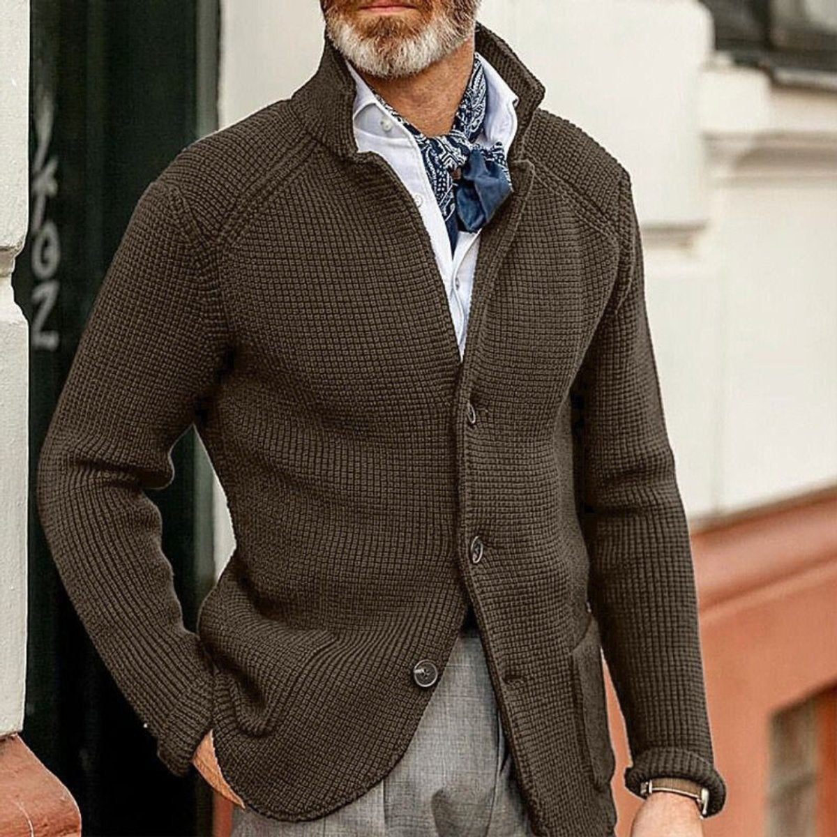 Men's Waffle-Knit Button-Front Cardigan - Coffee