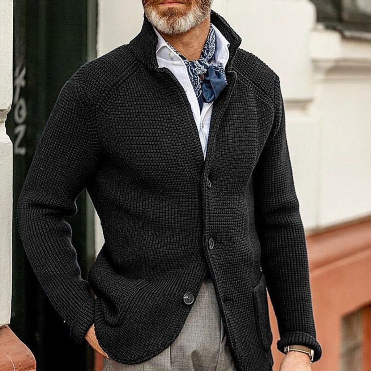 Men's Waffle-Knit Button-Front Cardigan - Black