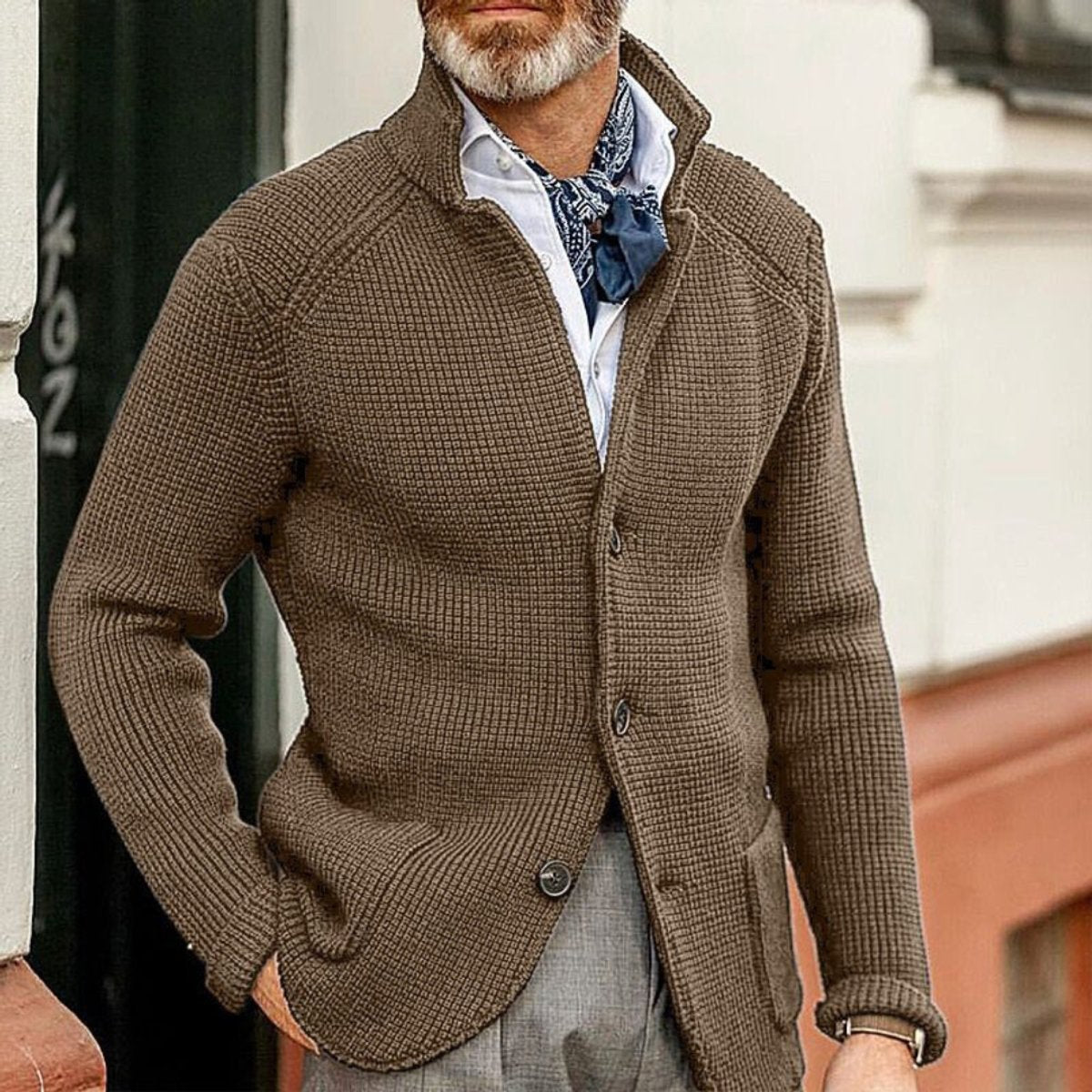 Men's Waffle-Knit Button-Front Cardigan - Brown