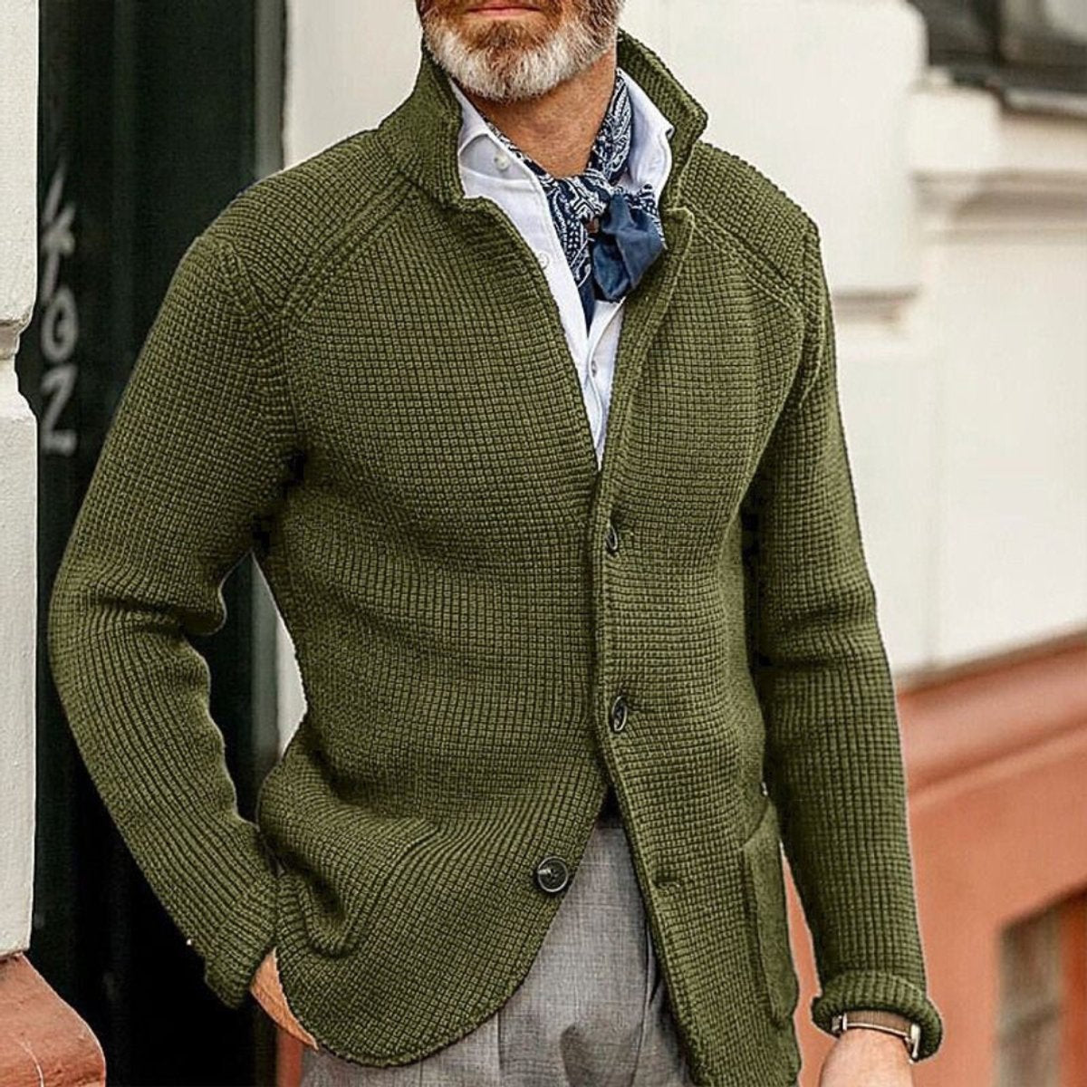 Men's Waffle-Knit Button-Front Cardigan - Green