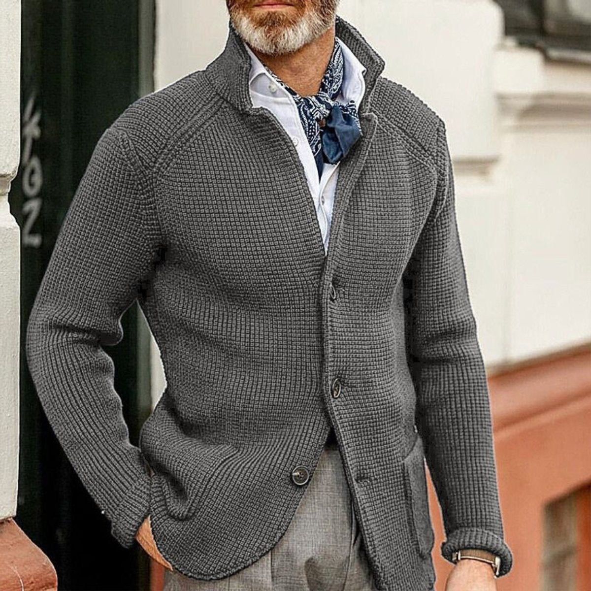 Men's Waffle-Knit Button-Front Cardigan - Gray