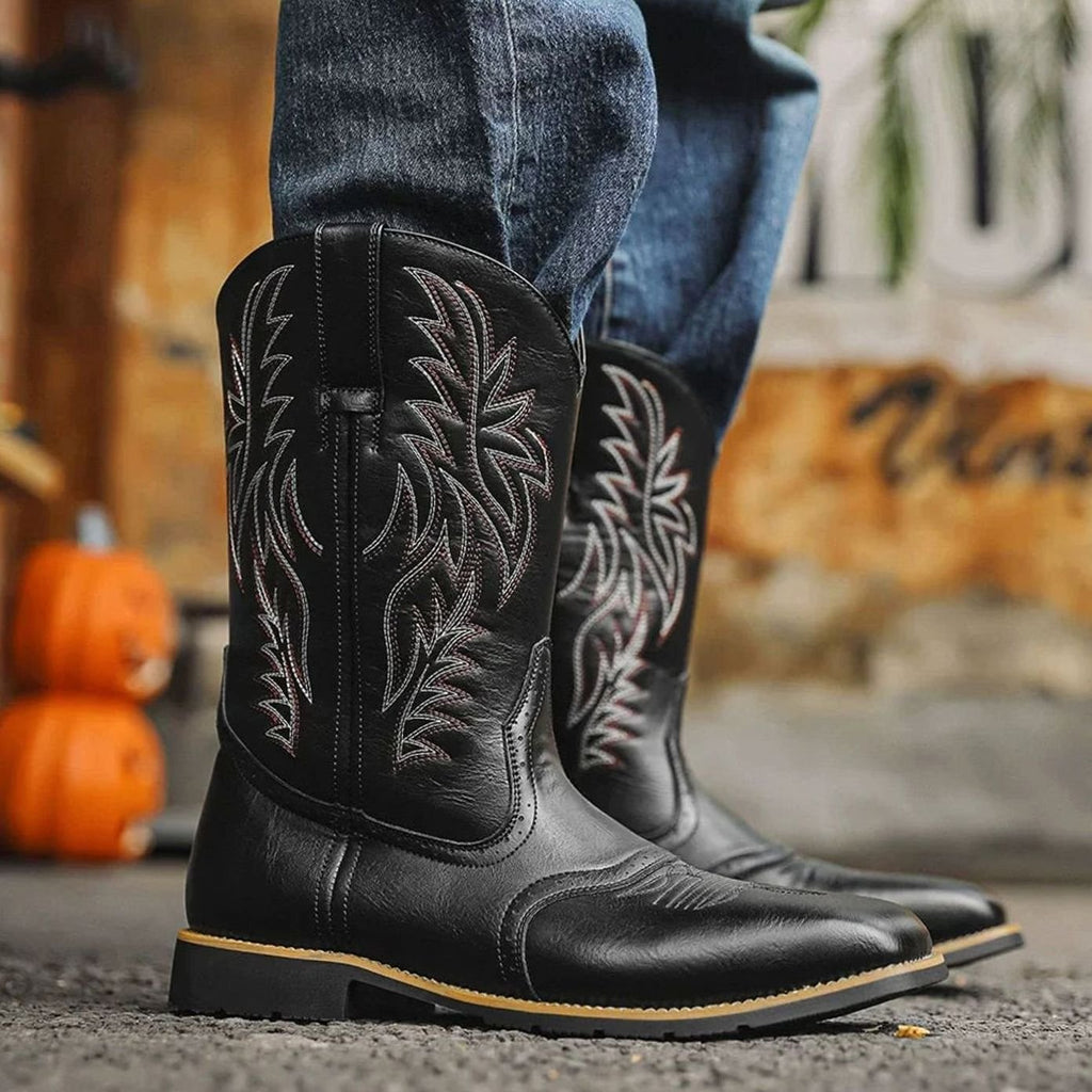 Men's Western Embroidered Leather Square-Toe Cowboy Boots