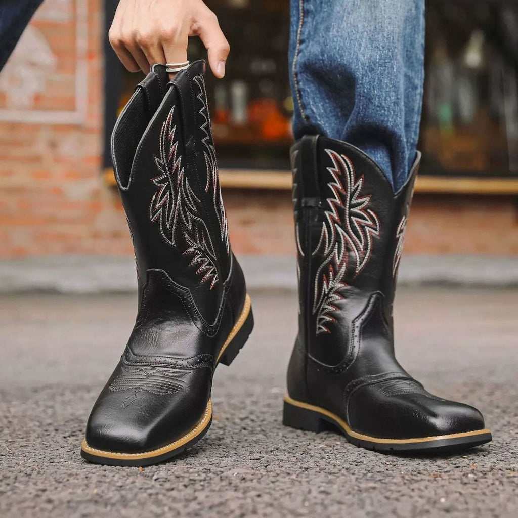 Men's Western Embroidered Leather Square-Toe Cowboy Boots