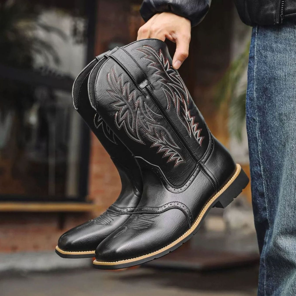 Men's Western Embroidered Leather Square-Toe Cowboy Boots - Black