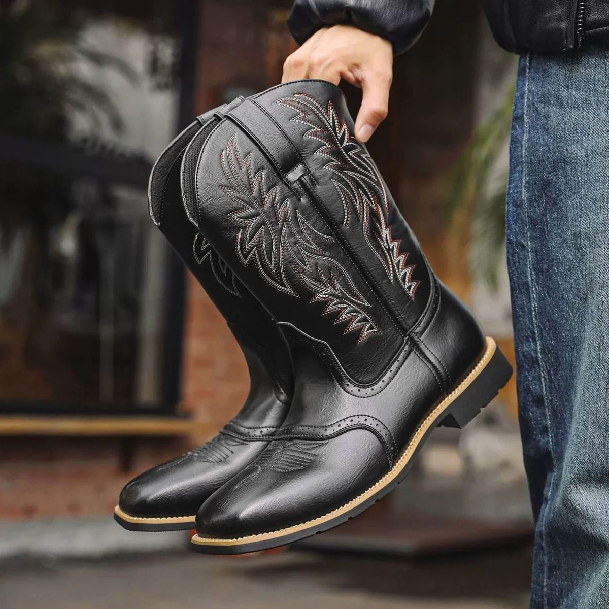 Men's Western Embroidered Leather Square-Toe Cowboy Boots - Black