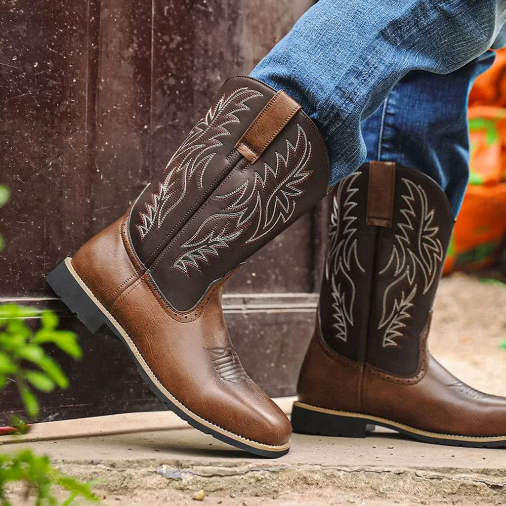 Men's Western Embroidered Leather Square-Toe Cowboy Boots