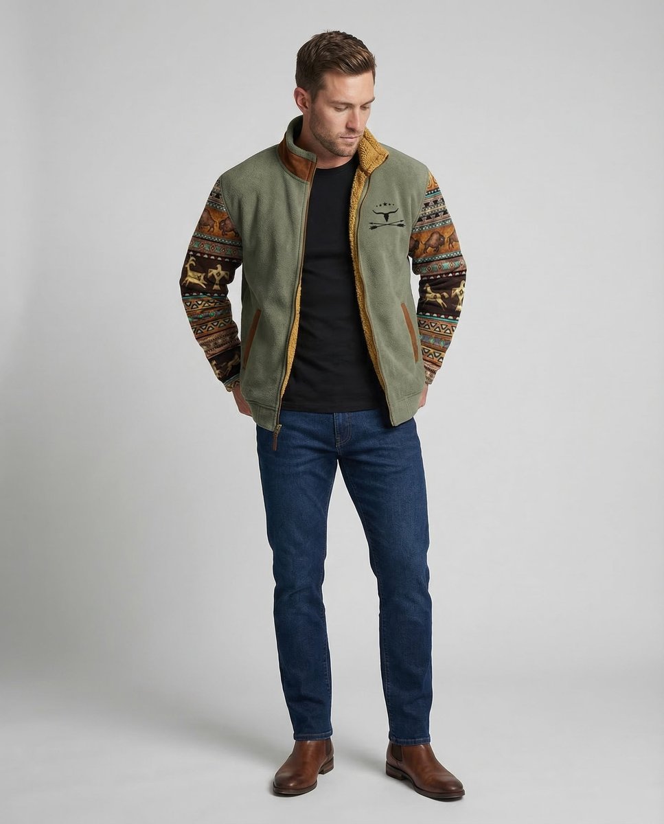 Men's Sherpa-Collar Fleece Bomber Jacket - Dark Brown