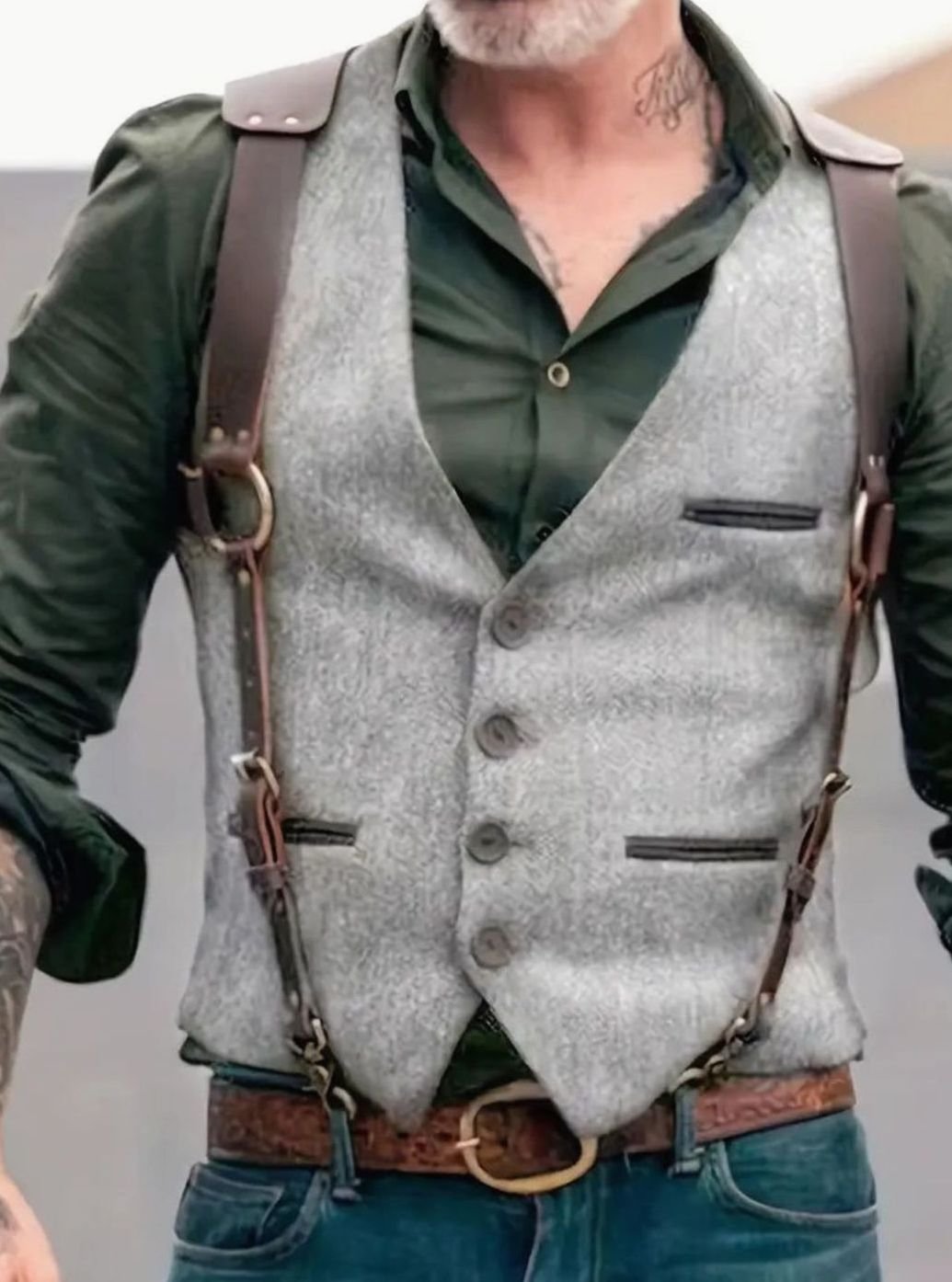 Men's Western Suede-Look Vest - Light Gray