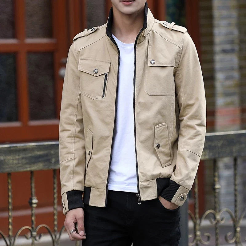 Men's Zip-Up Casual Bomber Jacket - Khaki