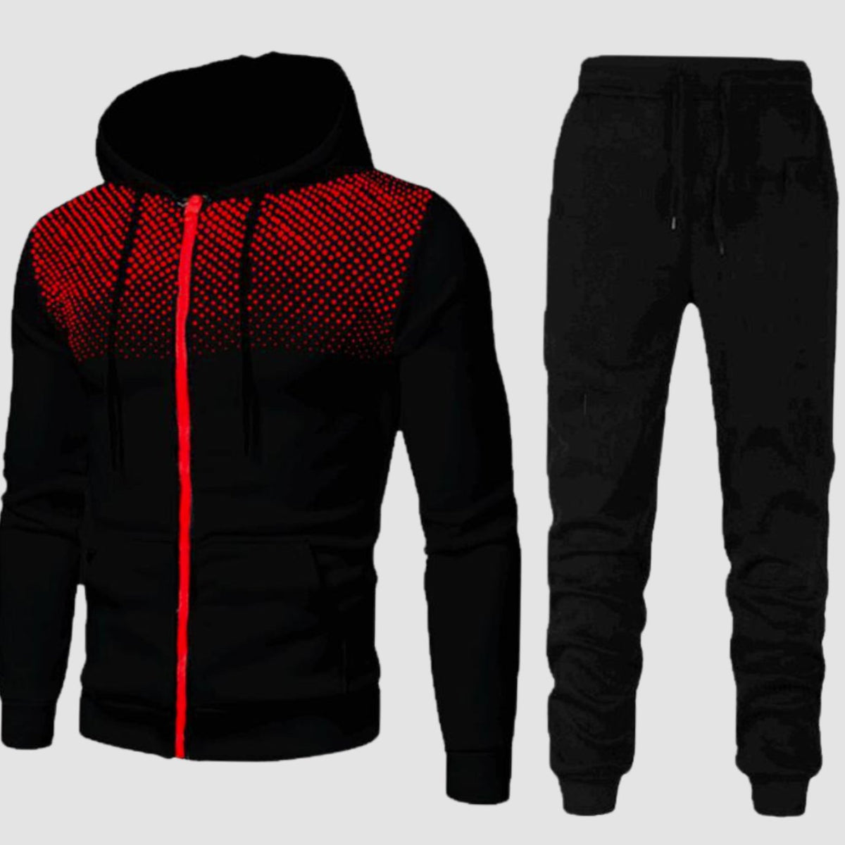 Men's Zip-Up Hoodie and Tapered Jogger Tracksuit Set - Black Red