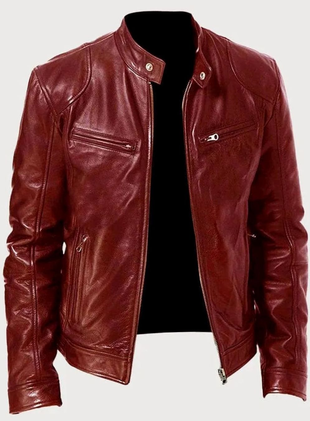 Men's Zip-Up Stand Collar Biker Jacket - Red