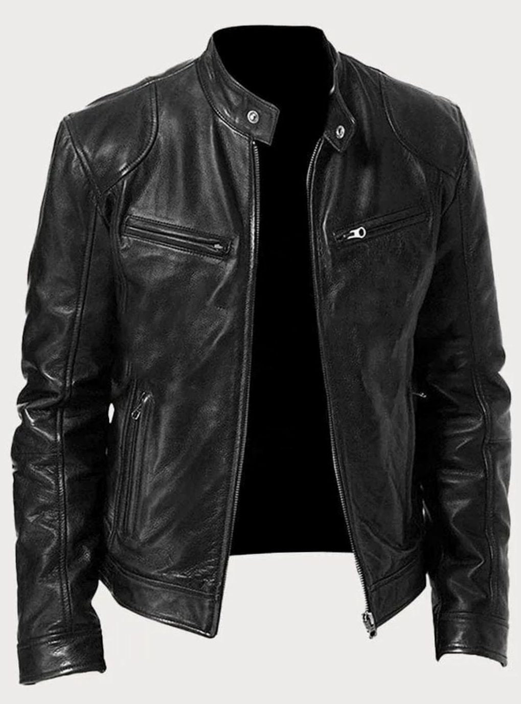 Men's Zip-Up Stand Collar Biker Jacket - Black