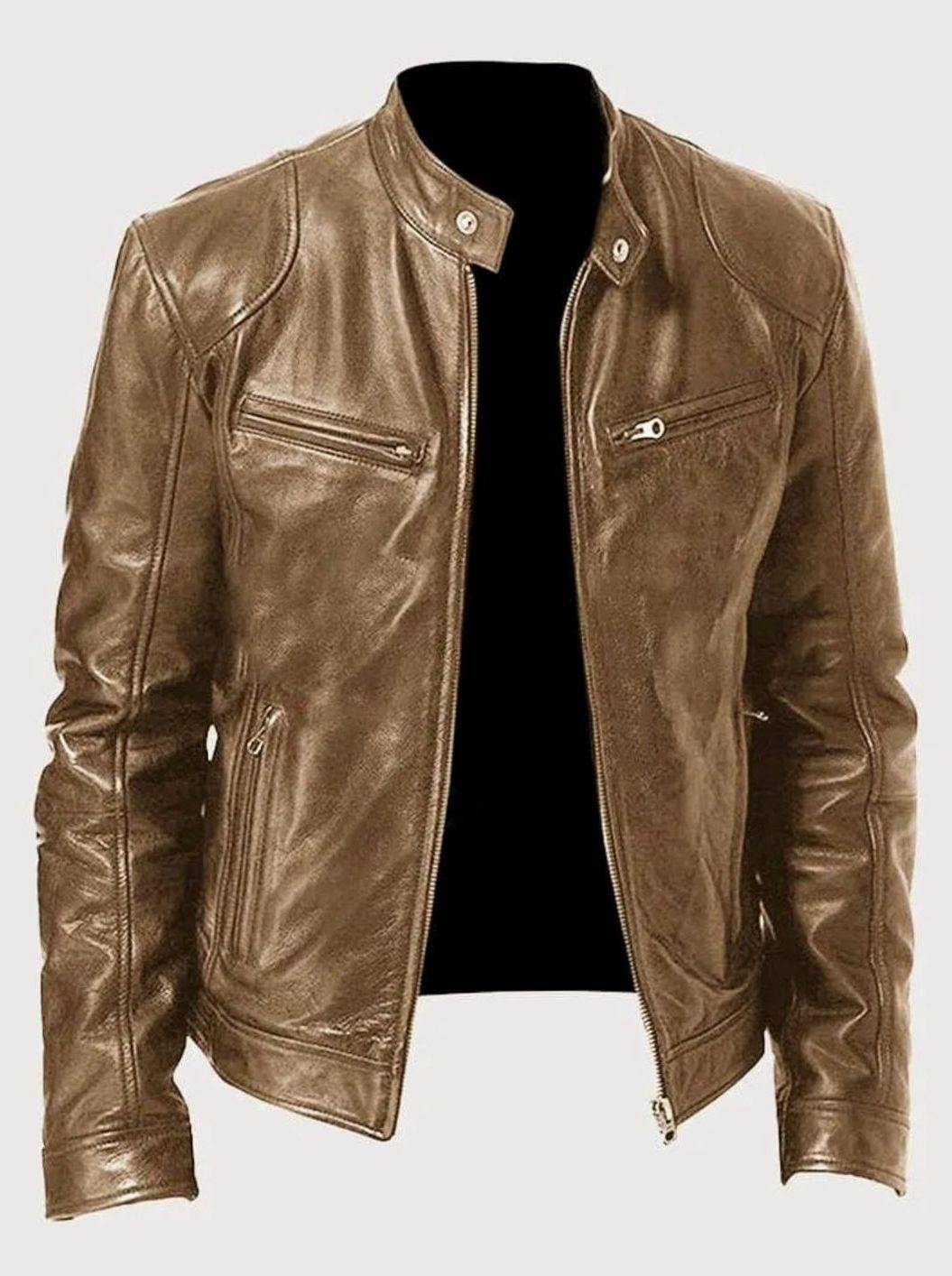 Men's Zip-Up Stand Collar Biker Jacket - Beige