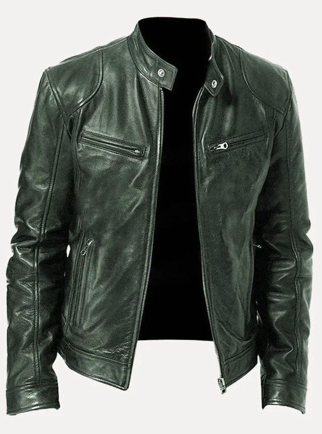 Men's Zip-Up Stand Collar Biker Jacket - Green