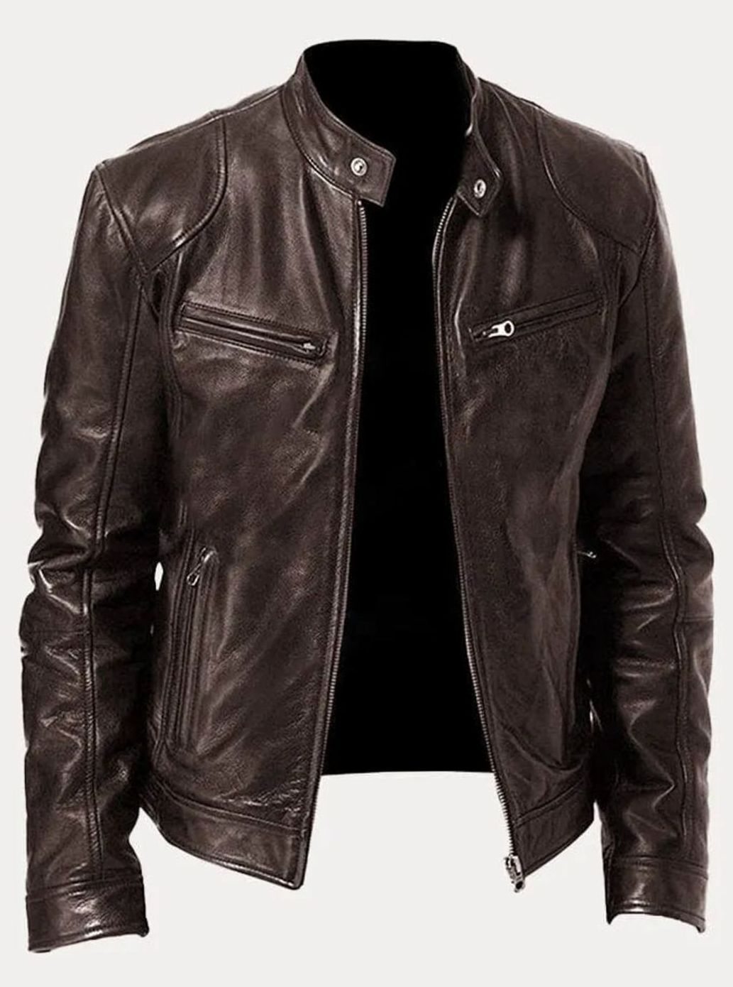 Men's Zip-Up Stand Collar Biker Jacket - Brown