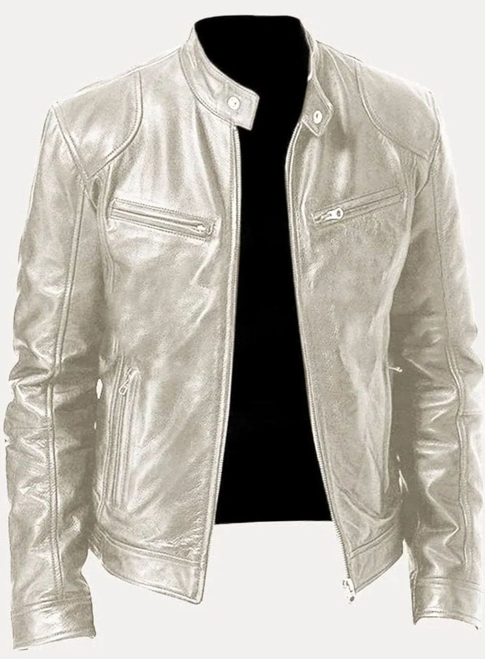 Men's Zip-Up Stand Collar Biker Jacket - Silver