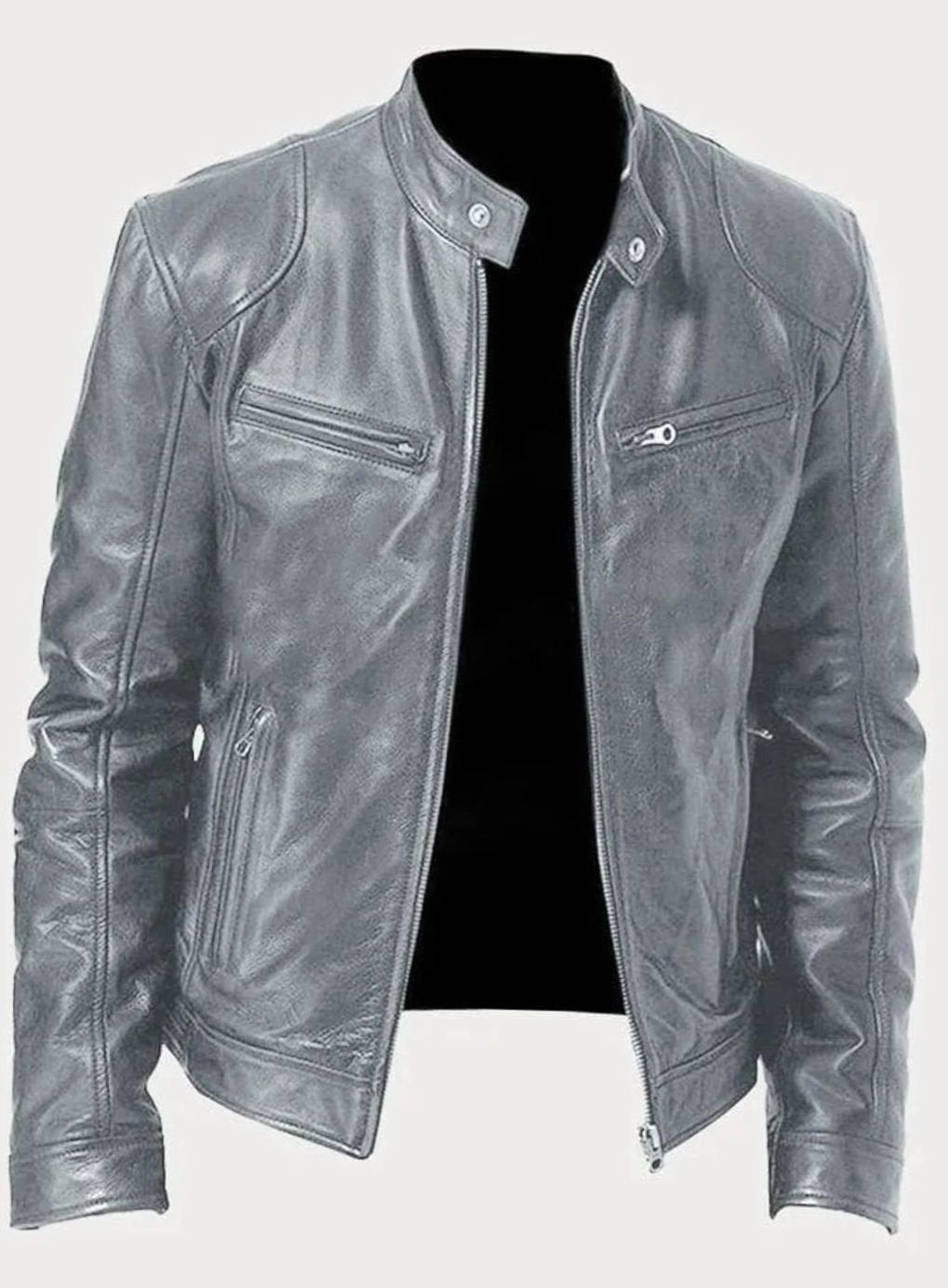 Men's Zip-Up Stand Collar Biker Jacket - Gray