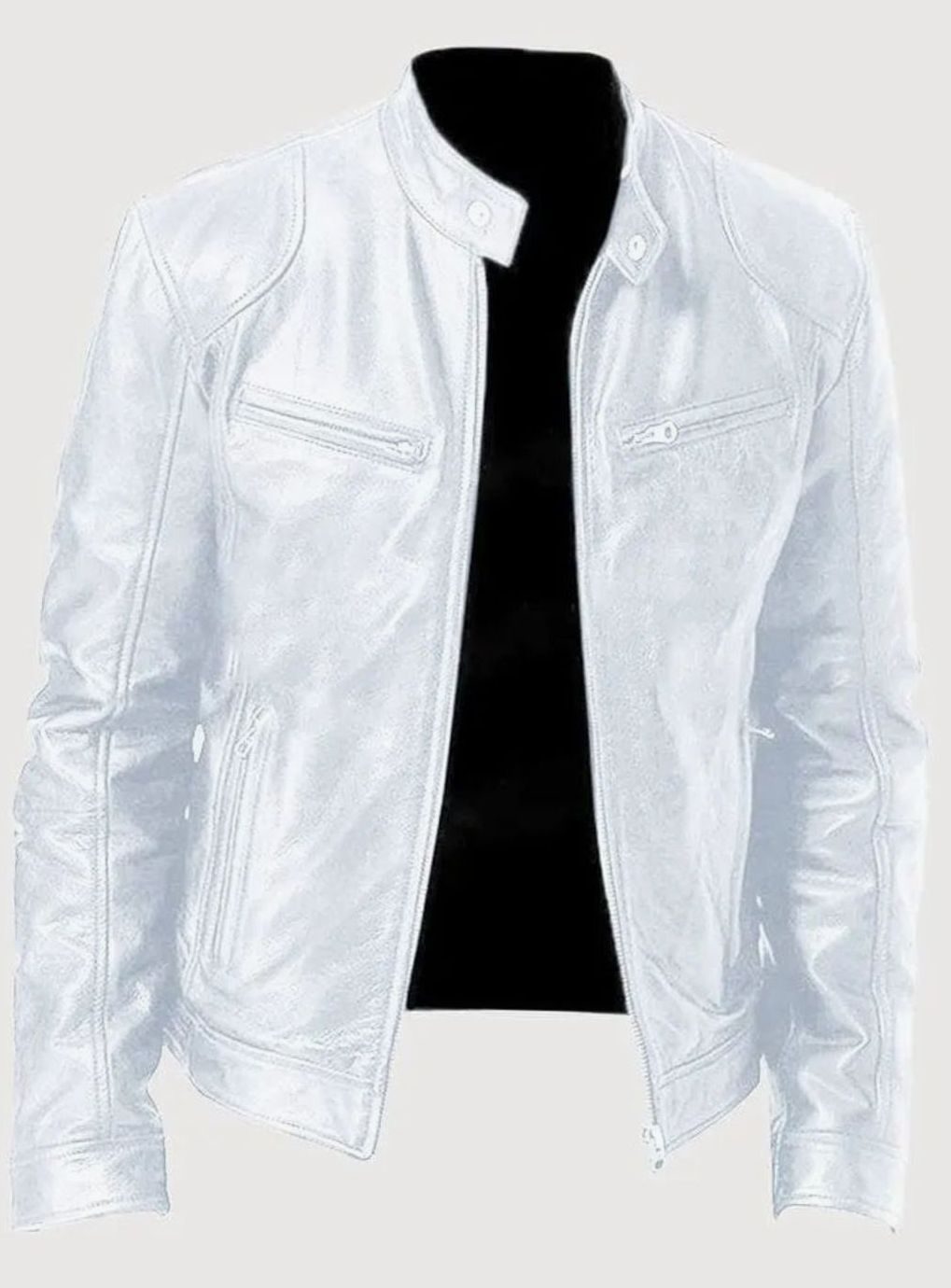 Men's Zip-Up Stand Collar Biker Jacket - White