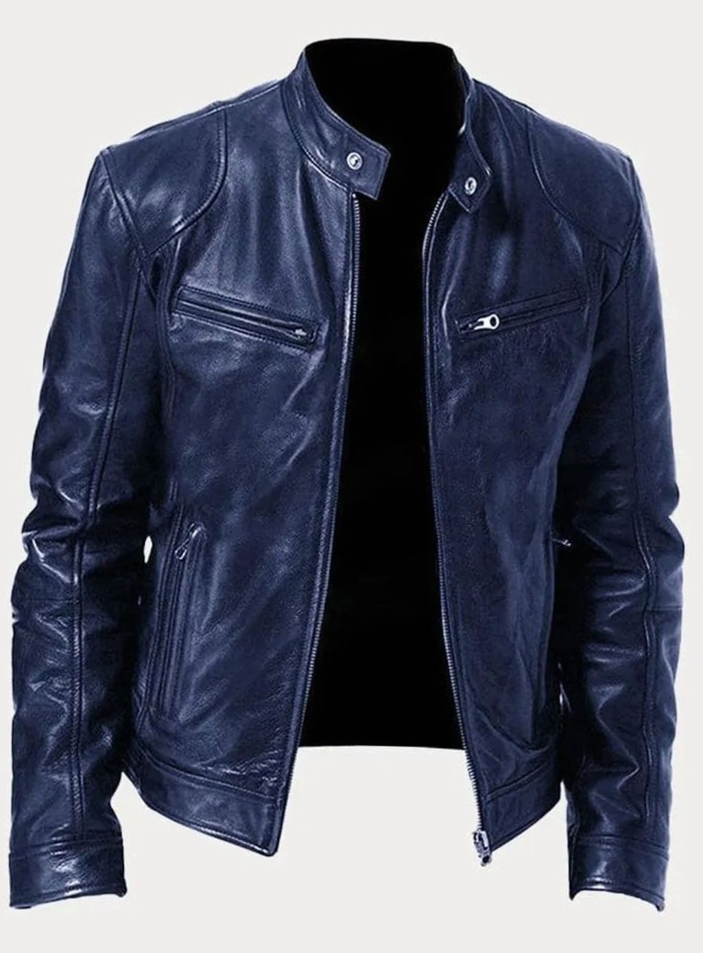 Men's Zip-Up Stand Collar Biker Jacket - Navy